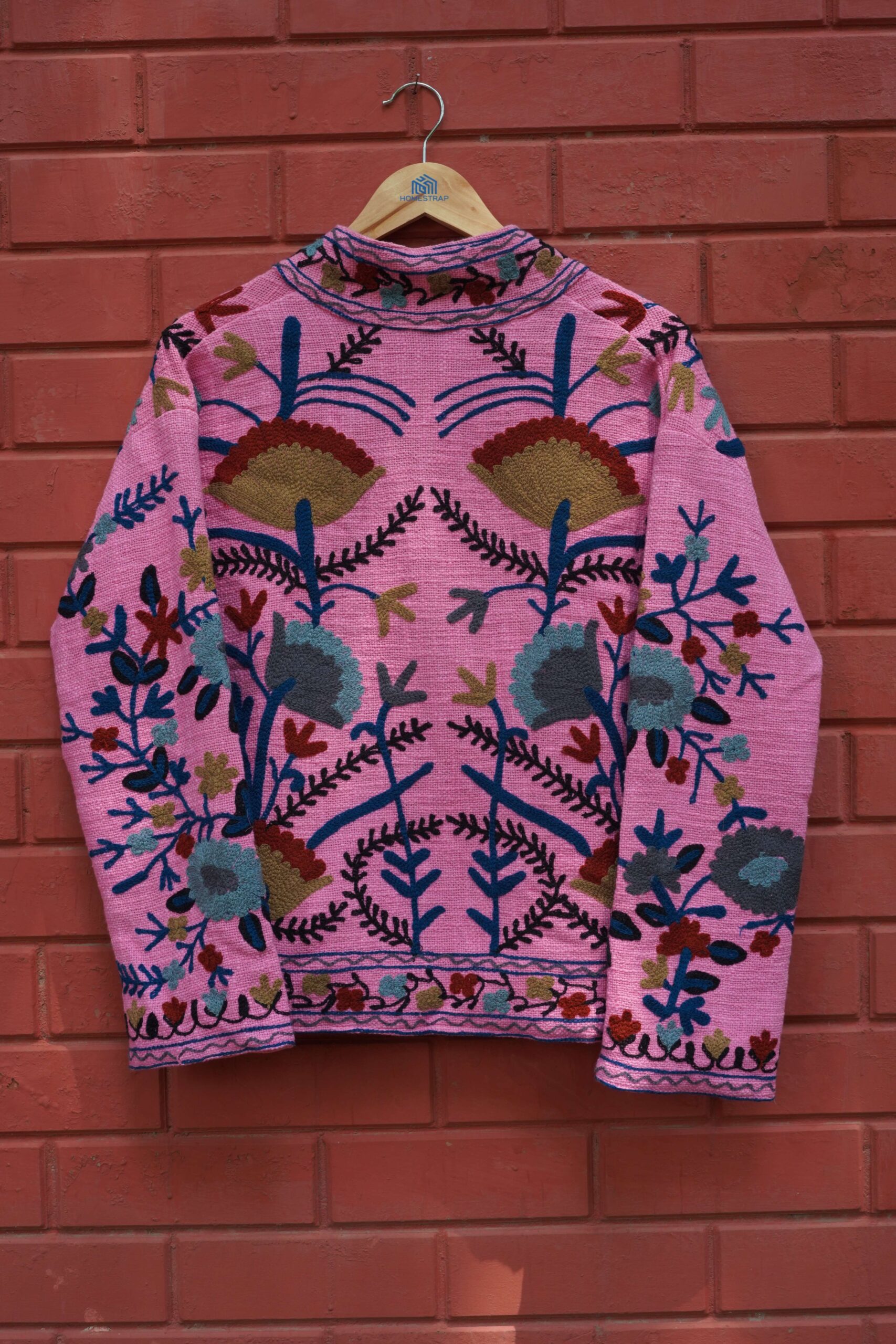 Womens Pink Velvet Embroidered Jacket with Floral Design